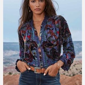 Johnny Was Clara Burnout Leda Button Top Floral Navy Blue Black Velvet Shirt NEW